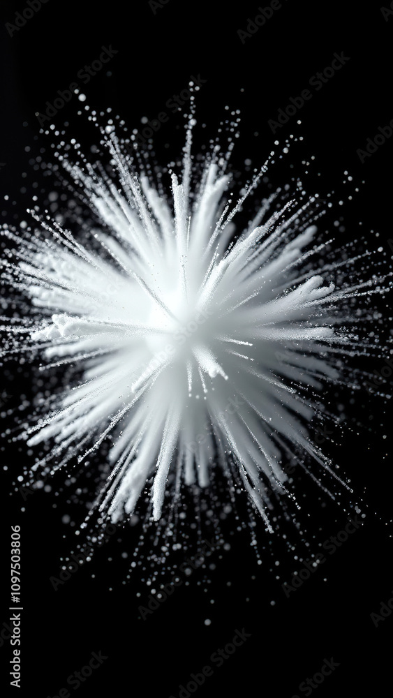 Close-up shot of a small explosion of white powder on black background with particles flying outwards, powder, focus, sharp, particles, explosion