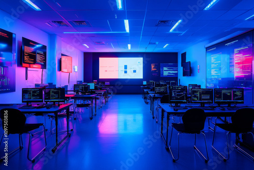 modern computer lab with multiple workstations, vibrant blue lighting, and digital displays showcasing code and data analysis. atmosphere is tech focused and innovative