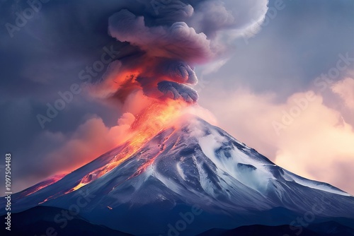 a snow capped volcano with steam rising from its crater ecology photo