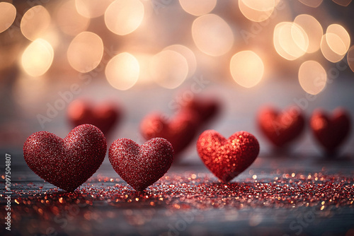 A romantic composition with scattered red hearts and glitter on wood, perfect for Valentine's Day, love notes, and celebration-themed designs.