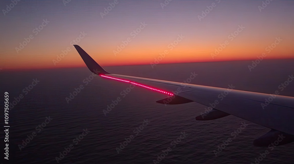 Airplane Wing at Sunset Over Calm Ocean with Colorful Horizon Airplane Wing at Sunset Over Calm Ocean with Colorful Horizon