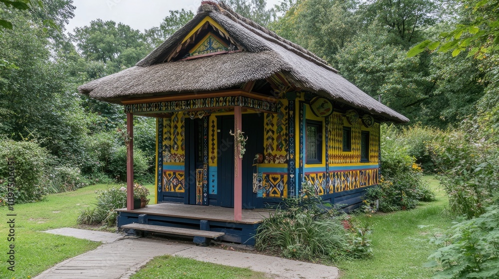 Naklejka premium Colorful Folk House Surrounded by Lush Greenery in Nature Setting