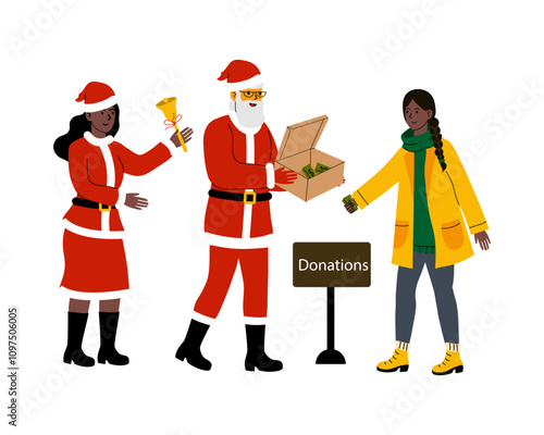 Holiday charity event featuring Santa and volunteers collecting donations