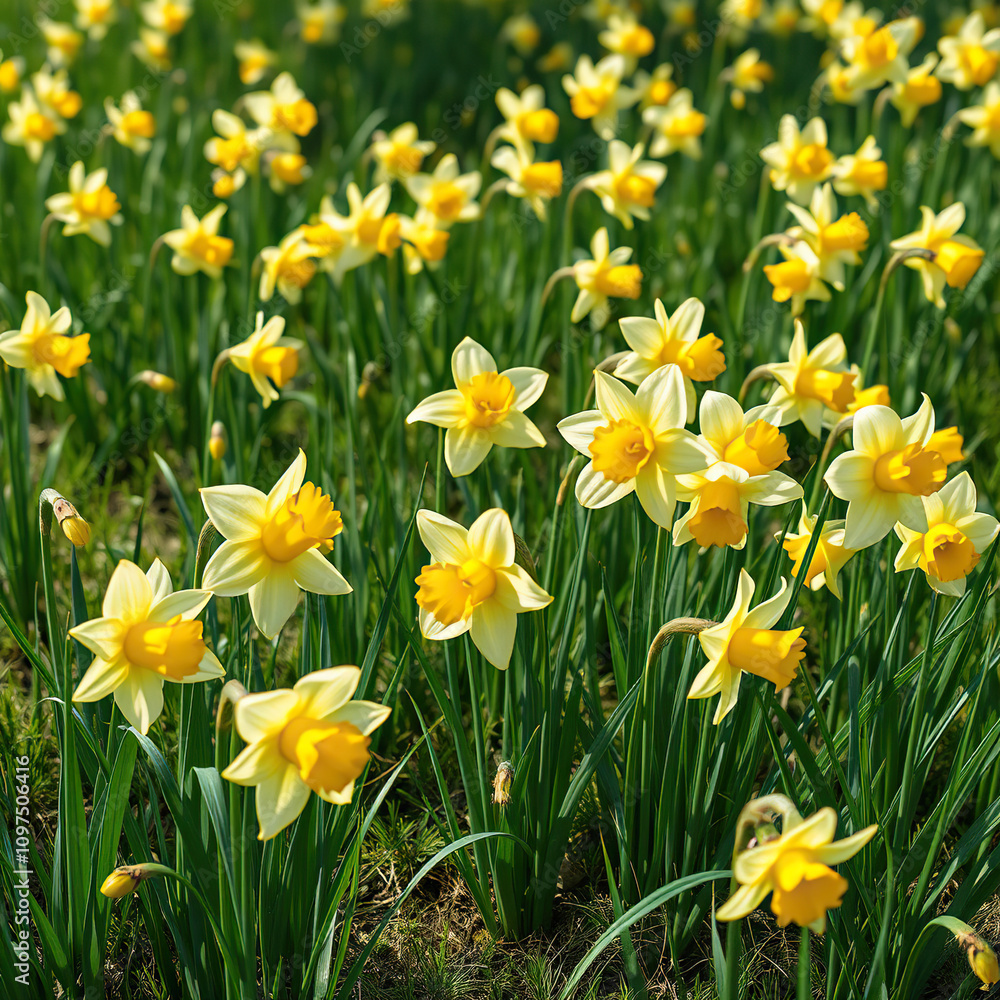 Daffodils growing in a mass, with some still closed and others fully bloomed, natural beauty, daffodil blooms, petal pattern, yellow flowers, flower texture Daffodils growing in a mass, with some still closed and others fully bloomed, natural beauty, daffodil blooms, petal pattern, yellow flowers, flower texture