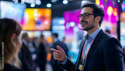 A group of business people are standing and talking at the booth during an industry conference. The focus is on one man with dark hair wearing glasses,  photo