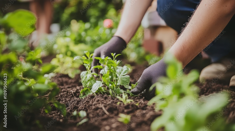 A family planting herbs in a backyard garden, fostering wellness and bonding A family planting herbs in a backyard garden, fostering wellness and bonding