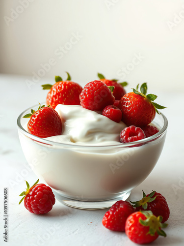 Homemade yogurt with a selection of handpicked strawberries and raspberries, handpicked, homemade breakfast, delicious, nourishing, organic ingredients