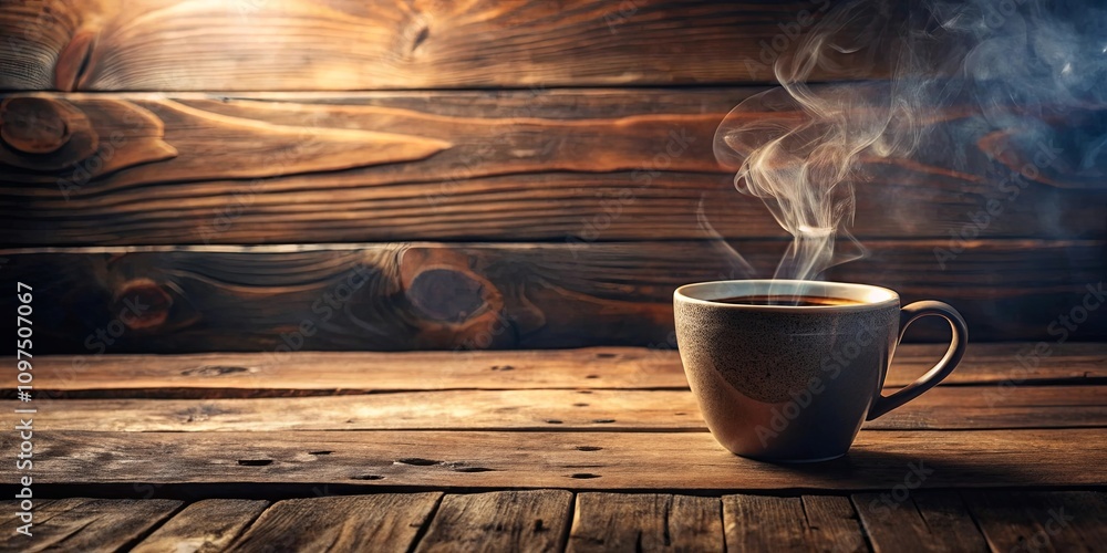 Aromatic Steam Rising from a Cup of Coffee on Rustic Wooden Table Aromatic Steam Rising from a Cup of Coffee on Rustic Wooden Table