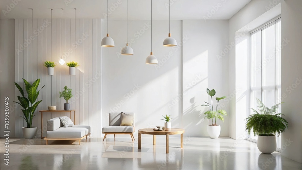 Modern minimalist living room interior design with sunlight streaming through a large window, featuring a light grey sofa, wooden coffee table, and potted plants. Modern minimalist living room interior design with sunlight streaming through a large window, featuring a light grey sofa, wooden coffee table, and potted plants.