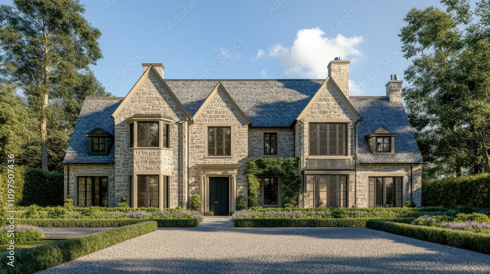Fototapeta premium Luxurious Stone House Surrounded by Greenery and Blue Sky