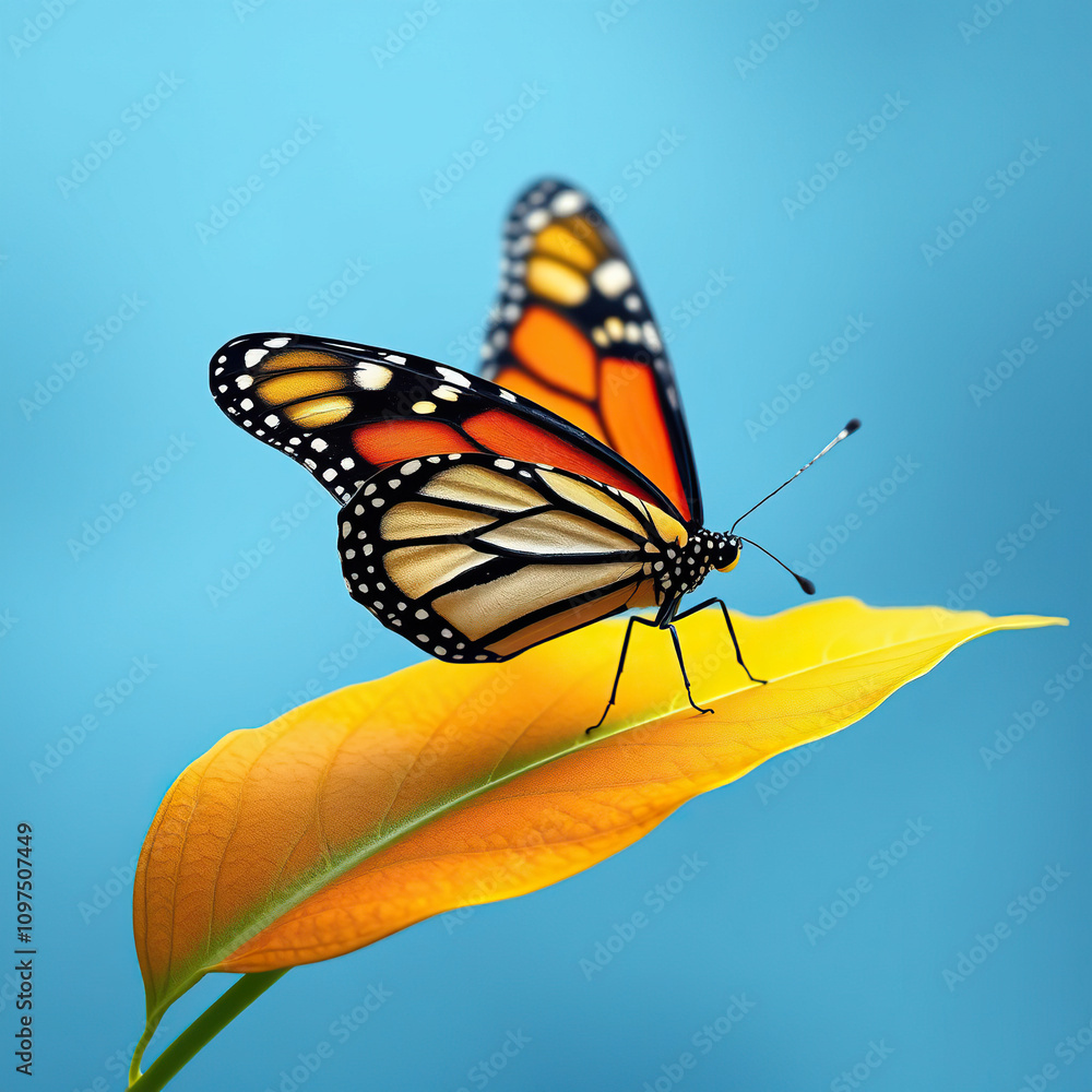 Fototapeta premium Delicate monarch butterfly on a leaf with contrasting colors, wildlife photography, insect life