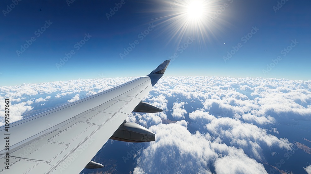 Obraz premium Airplane Wing Against a Clear Sky with Clouds and Bright Sunlight