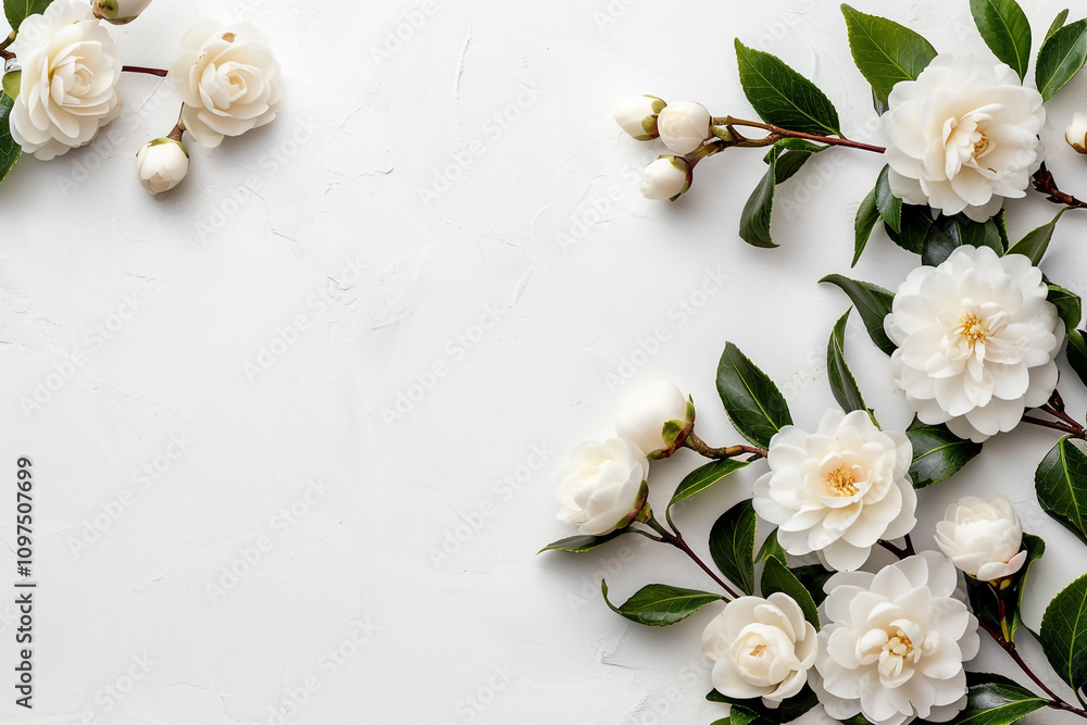 Pure White Camellia Flowers Resting on Snow-Dusted Branch Pure White Camellia Flowers Resting on Snow-Dusted Branch