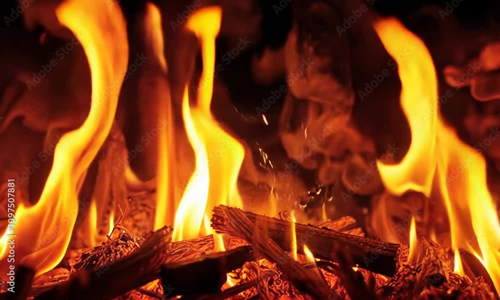 Fiery Inferno: A Close-Up of Burning Wood and Embers Fiery Inferno: A Close-Up of Burning Wood and Embers