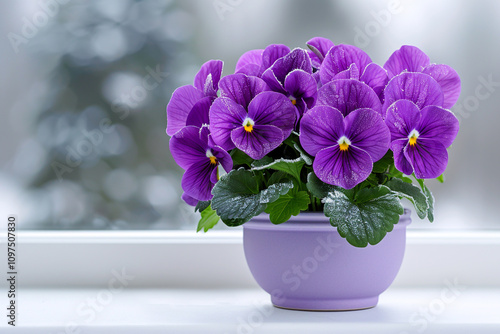 Beautiful Purple Violets on Frosty Window Ledge in Soft Lilac Light