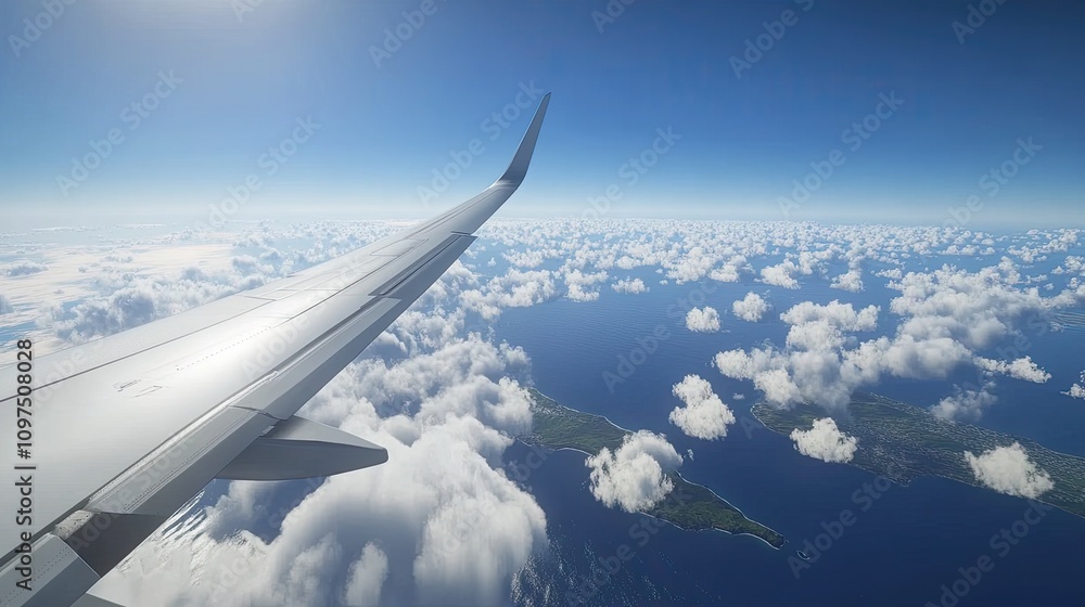 Fototapeta premium Spectacular Aerial View of Clouds and Island from Airplane Window