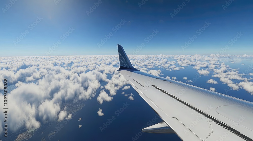 Obraz premium Aerial View from Airplane Wing Over Clouds and Ocean Landscape