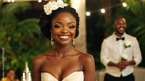 Smiling bride at an outdoor wedding reception surrounded by soft lights and greenery in a tropical setting
