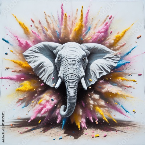 Chalk drawing of an elephant exploding with a detailed A white e photo