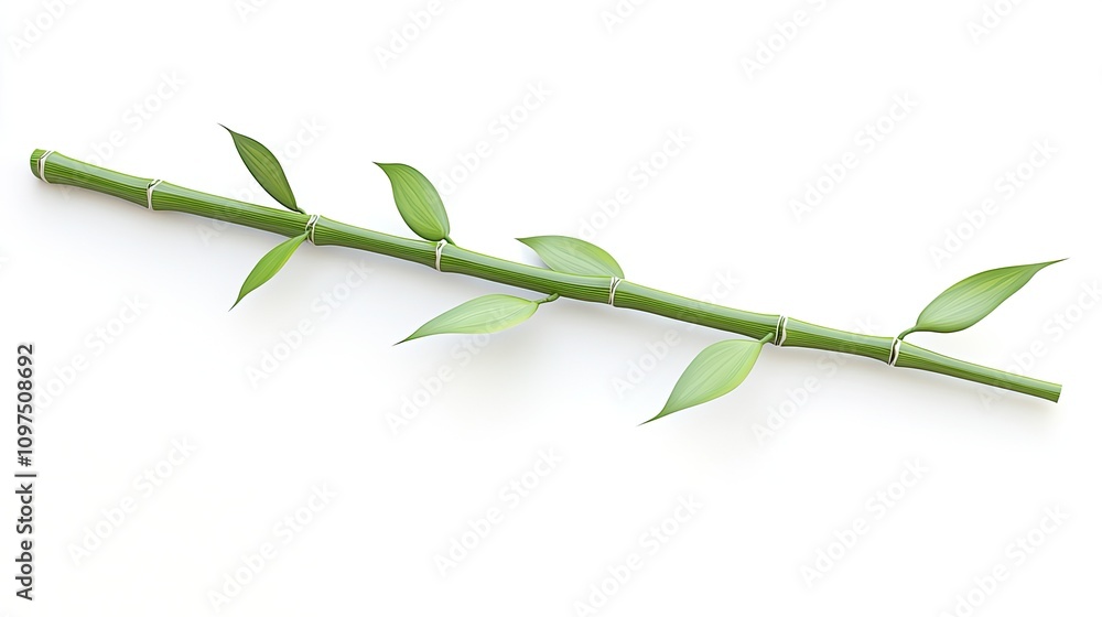 Obraz premium Fresh Green Bamboo Stem with Leaves on White Background