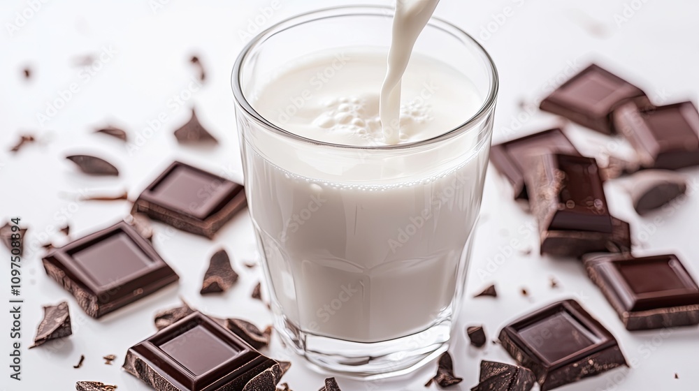 Creamy Milk Poured into Glass Surrounded by Dark Chocolate Pieces Creamy Milk Poured into Glass Surrounded by Dark Chocolate Pieces