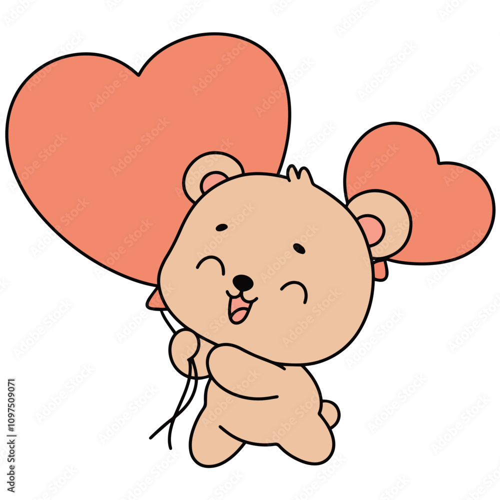 Adorable Valentine Bear with Heart-Shaped Balloons in Flat Vector Illustration Adorable Valentine Bear with Heart-Shaped Balloons in Flat Vector Illustration