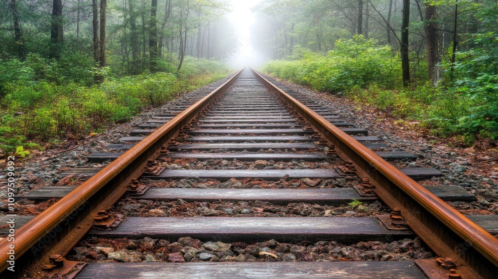 Foggy Railway Track Through Lush Green Forest Landscape