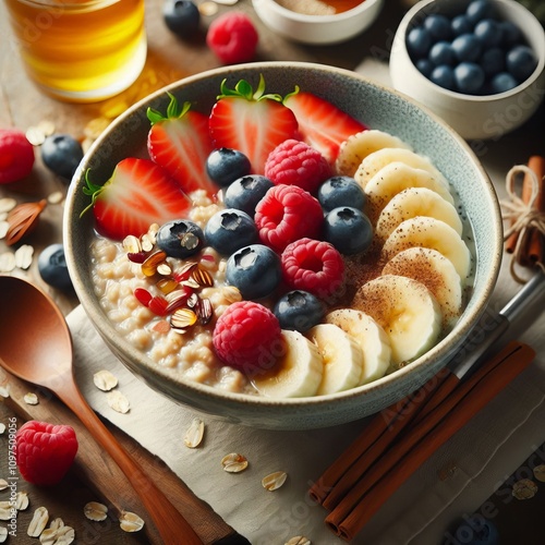 Close up of a healthy and nutritious breakfast bowl with oatmeal photo