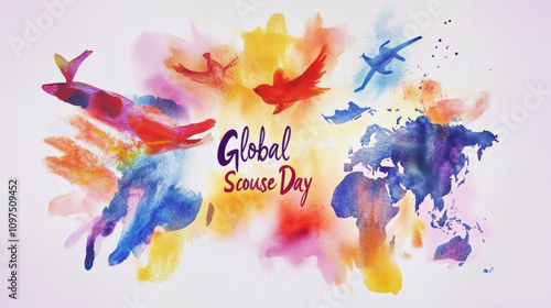 Global Scouse Day Vibrant global scouse day celebration with colorful world map and airplanes photo