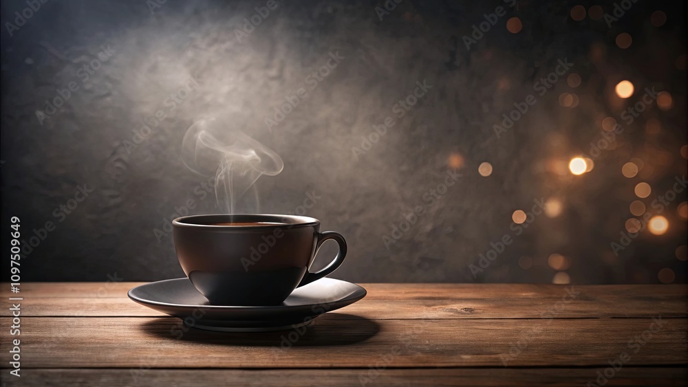 A steaming cup of coffee on a rustic wooden table with a bokeh background A steaming cup of coffee on a rustic wooden table with a bokeh background