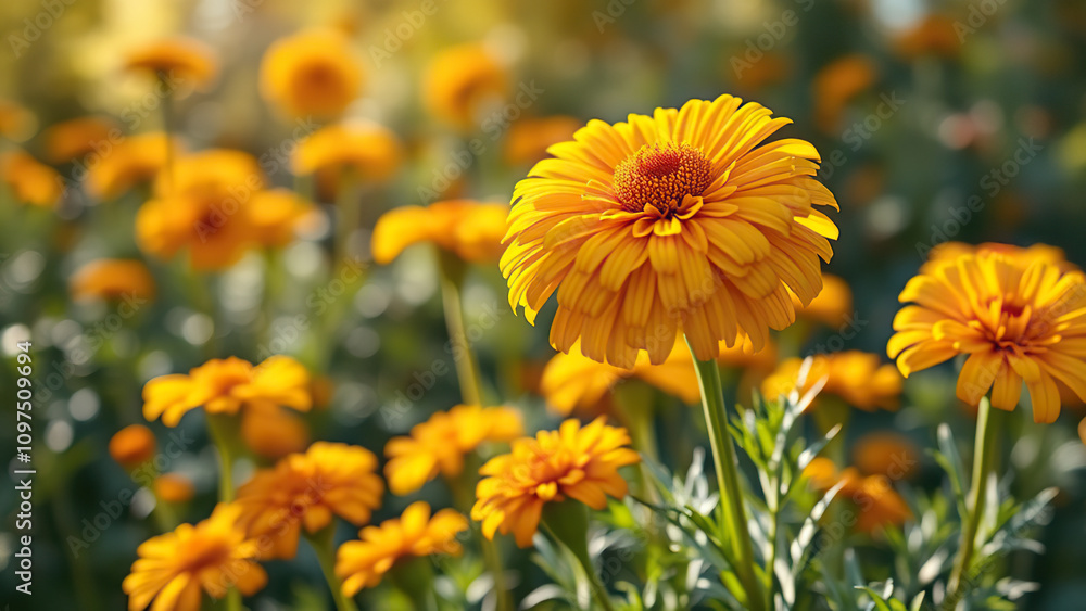 Eye-catching display of yellow and orange marigold flowers in a fall garden, orange, marigold Eye-catching display of yellow and orange marigold flowers in a fall garden, orange, marigold