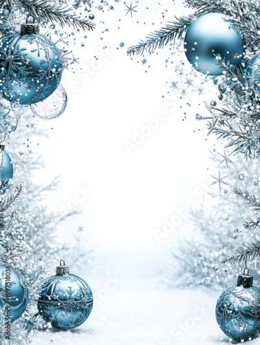 Festive Christmas wreath decorations frame Elegant Blue and Silver Ornaments Surrounded by Snowflakes with a Blank Center for Text - Perfect for Holiday Greeting Cards and Winter Themed Designs