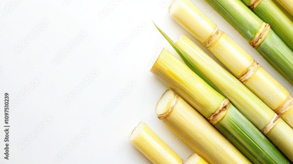 Fresh Green Sugarcane Stalks on White Background for Natural Food Fresh Green Sugarcane Stalks on White Background for Natural Food