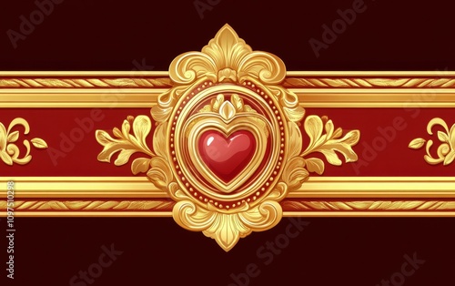 Ornate Golden Heart Motif with Rich Red Background for Elegant Decoration in Classic Romantic Style, Perfect for Luxury Designs and Celebratory Themes