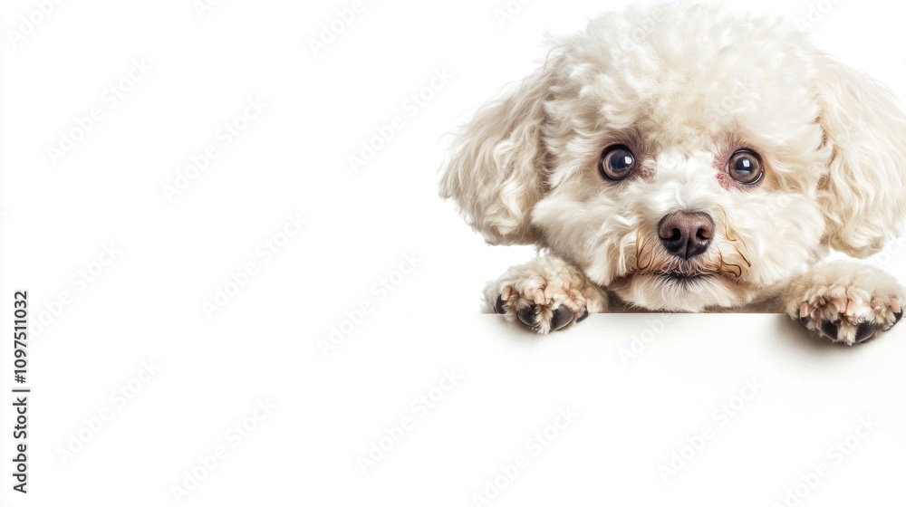 A fluffy white dog with big eyes peeks over a surface, conveying curiosity and playfulness. A fluffy white dog with big eyes peeks over a surface, conveying curiosity and playfulness.