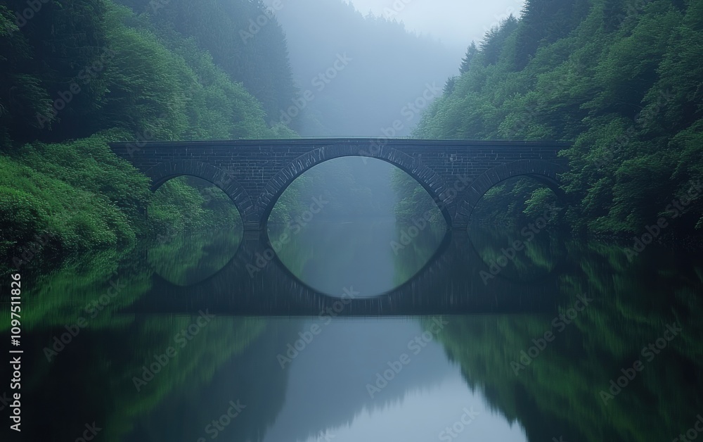 Fototapeta premium Ethereal Landscape of a Misty Bridge Reflected in Calm Waters Surrounded by Lush Greenery in a Tranquil Forest Setting