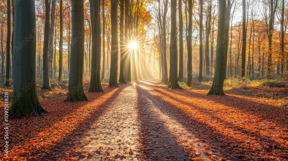 Fototapeta premium A serene autumn forest path illuminated by sunlight through tall trees.