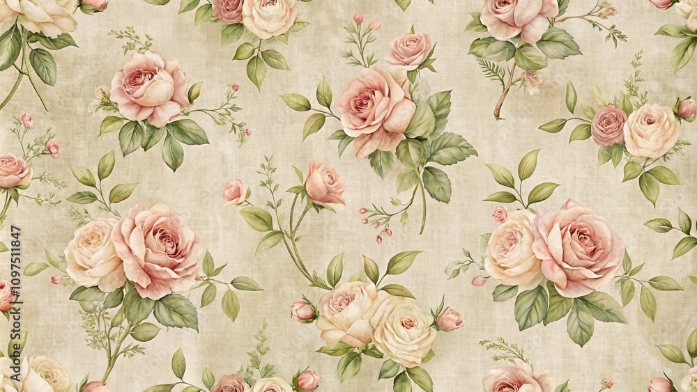 Fototapeta Elegant Pastel Roses Seamless Pattern for Fabric and Wallpaper Design