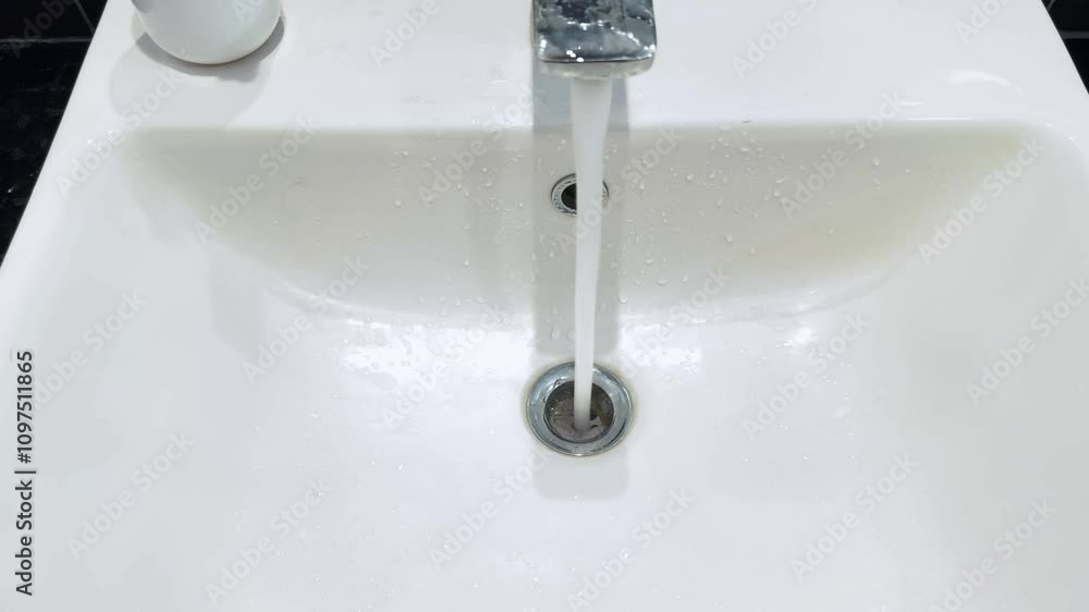 Water flowing from a modern faucet into a clean sink in a well-lit bathroom during the morning hours Water flowing from a modern faucet into a clean sink in a well-lit bathroom during the morning hours