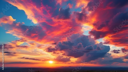 Stunning sunrise/sunset scene with breathtaking natural light and rolling, multicolored clouds, captured in a captivating 4K time-lapse. Generative AI