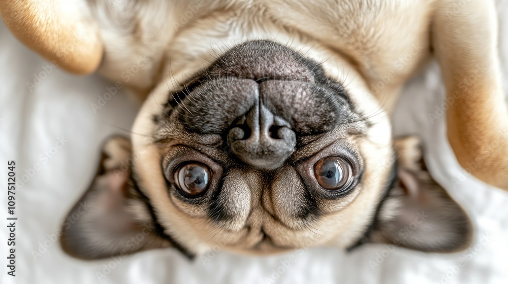 Obraz premium A playful pug lying on its back, showcasing its expressive eyes and adorable features.
