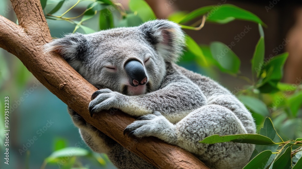 Fototapeta premium A koala peacefully sleeping on a tree branch surrounded by green leaves.