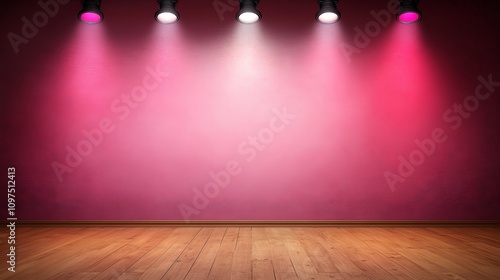 Wallpaper Mural Pink Spotlight Stage:  A captivating image of a stage with five spotlights illuminating a vibrant pink wall and warm wooden floor. Perfect for presentations, events, and theatrical designs.  Torontodigital.ca