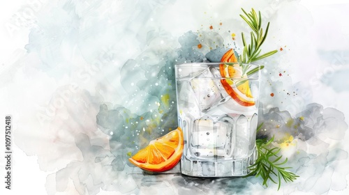 Ginuary Refreshing citrus beverage with ice and rosemary on artistic background photo