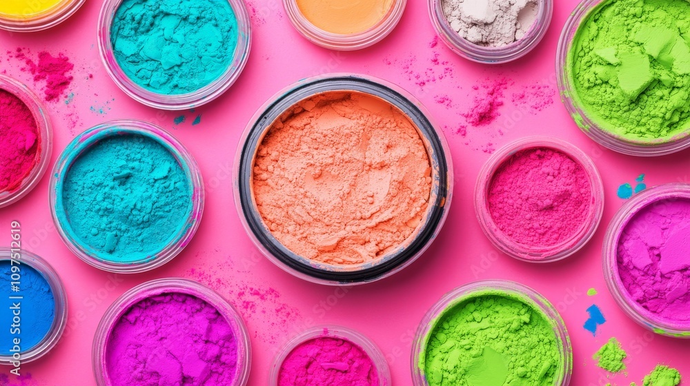 Vibrant Makeup Palette: A flat lay showcasing a colorful collection of makeup powders, each with a unique texture and hue, ideal for creating captivating eye looks. Vibrant Makeup Palette: A flat lay showcasing a colorful collection of makeup powders, each with a unique texture and hue, ideal for creating captivating eye looks.