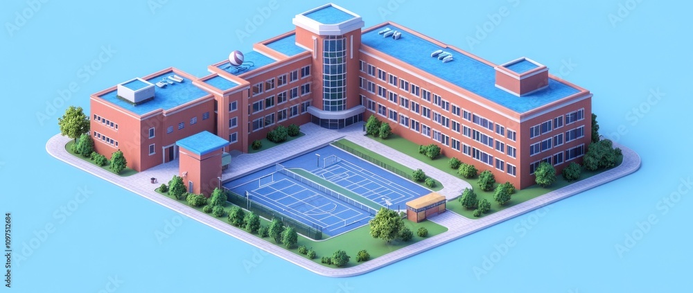 Fototapeta premium A stylized school building with tennis courts and greenery.