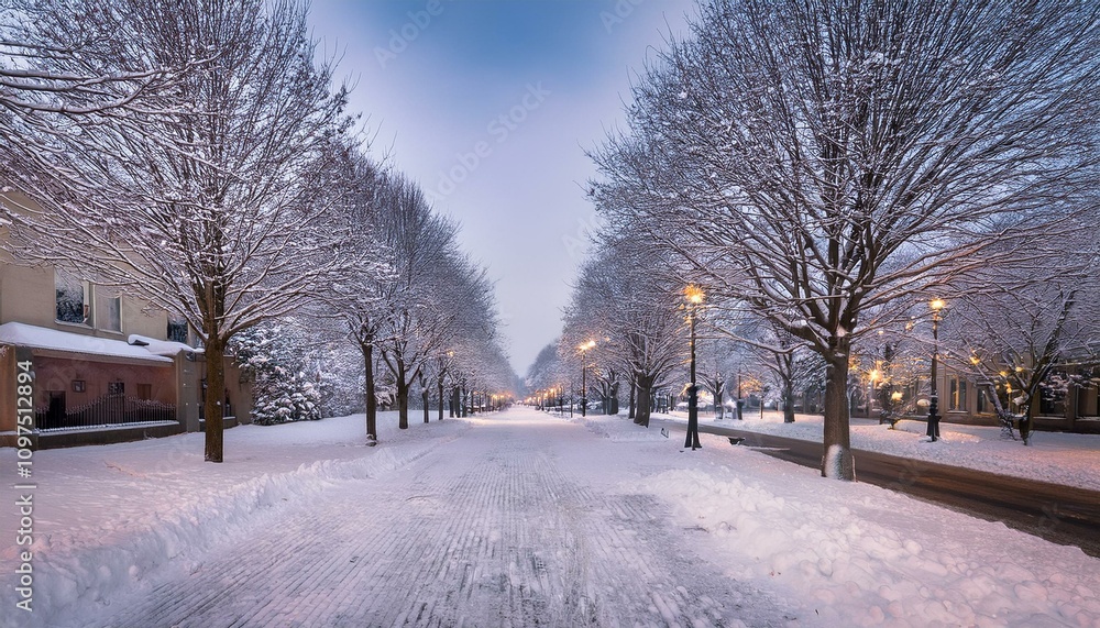 Fototapeta premium 薄曇りの空と雪の並木道、冬の静寂が広がる 