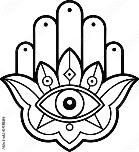 Hamsa hand with an eye in the center coloring page isolated on white background. Hamsa sign vector illustration design