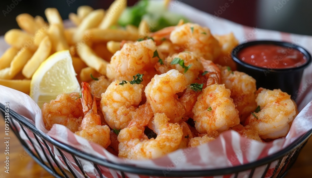 National Shrimp Day Delicious seafood basket with fried shrimp and french fries served with lemon and cocktail sauce National Shrimp Day Delicious seafood basket with fried shrimp and french fries served with lemon and cocktail sauce