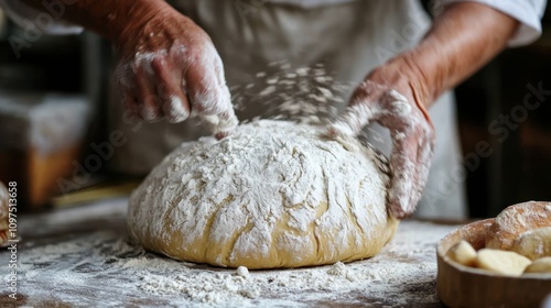 National Baker Day Artisan baker kneading dough with flour in rustic kitchen environment